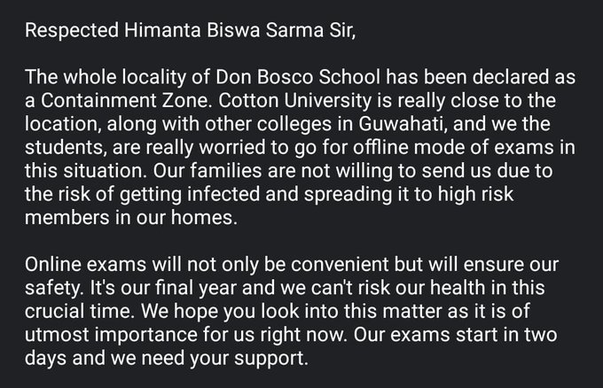 NiranjanaHazar1's tweet photo. Respected @himantabiswa Sir,
#NoToOfflineExams #CovidAlert #NoToCUOfflineExams #HealthBeforeExams https://t.co/NBm69tEkSD