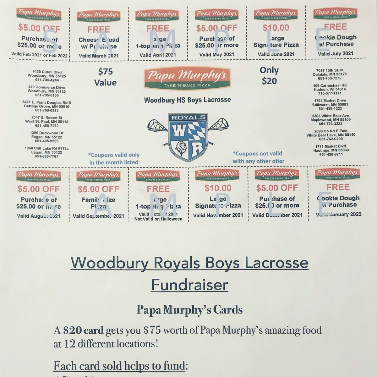 WoodburyBoysLax's tweet image. Royals!! 
It’s Papa Murphy’s pizza card sales time! Do you need more cards or need any assistance with your card sales? Don’t forget about the amazing prizes for the top three sales person! One and a half week left to sell... 
Each card sold helps our team!!🥍🥍🥍🥍🥍🥍🥍
