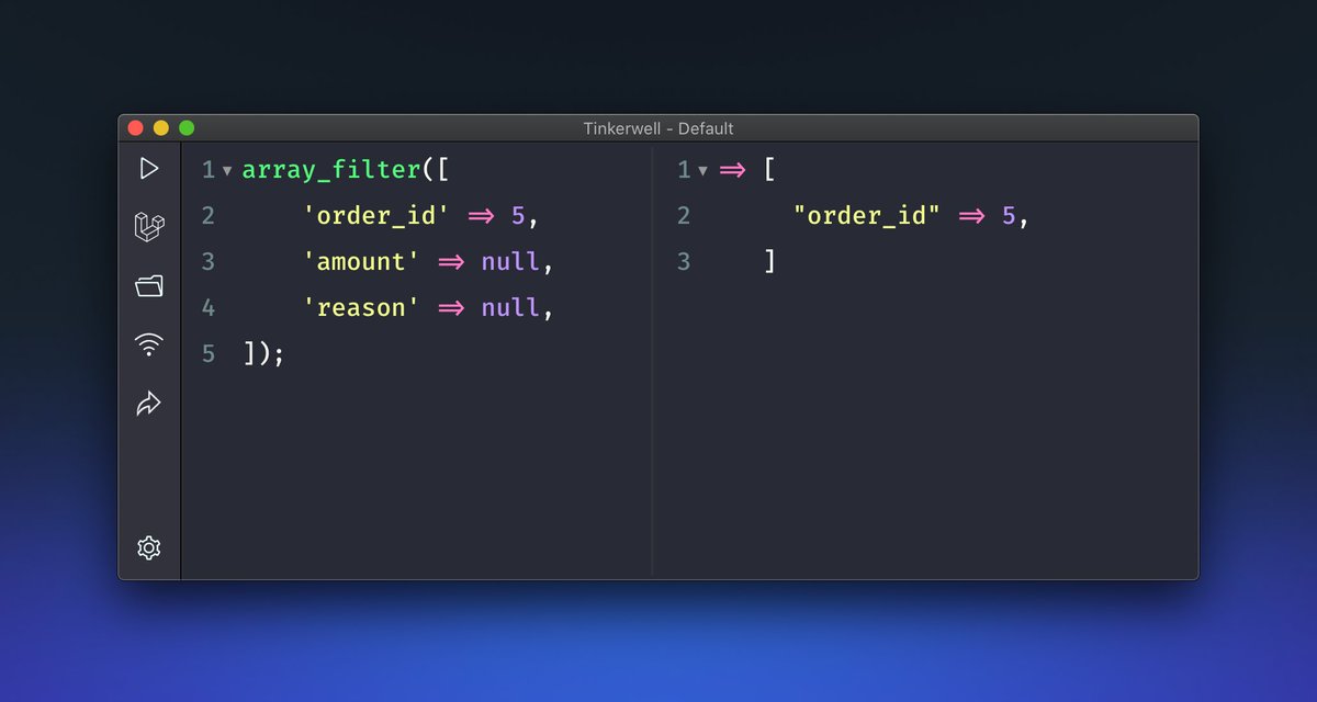 marcelpociot's tweet image. Did you know that you can use array_filter oder collect()-&gt;filter() without any arguments to remove empty values?
A nice way to quickly get rid of optional data in API requests payloads.