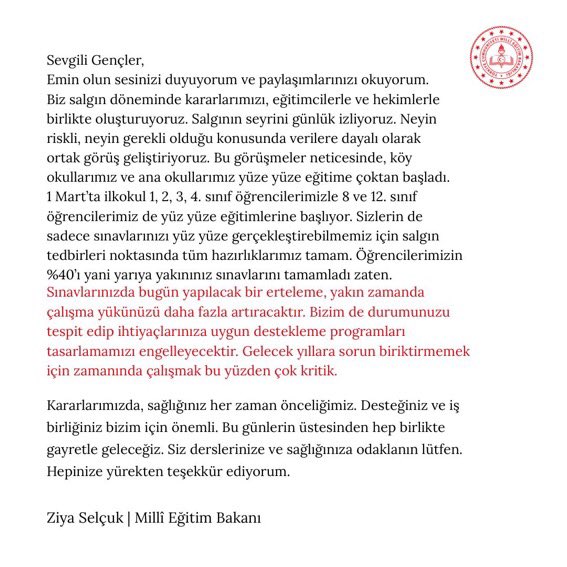 Sevgili gençler, Sizleri çok özledik.