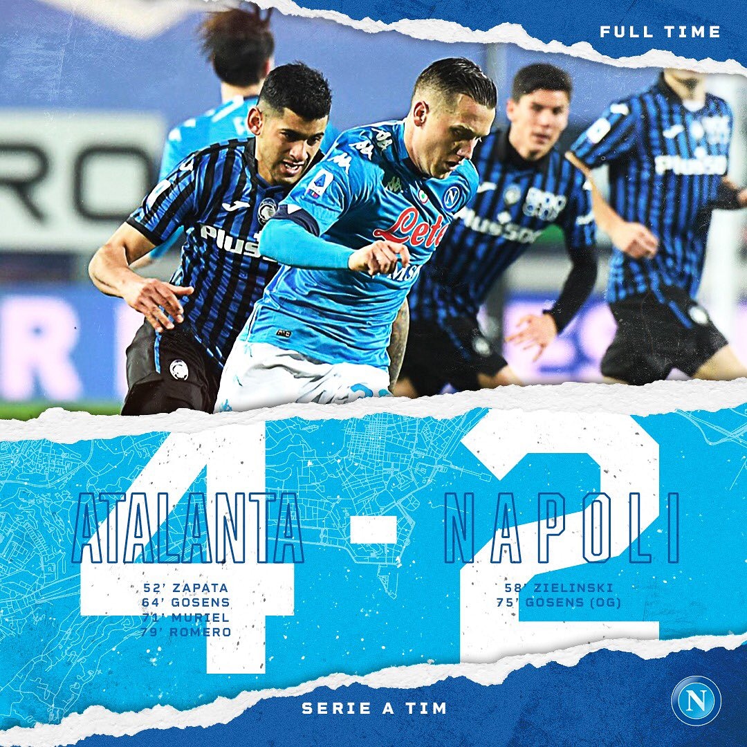È FINITA
#Atalanta vs #Napoli 4-2
Goals
#CristianRomero 79'
#RobinGosens 75' (GEC) /64'
#LuisMuriel 71'
#PiotrZieliński 58'
#DuvánZapata 52'
#ABCvsNAP
#SerieATIM
#StadioAtletiAzzurriDItalia
#ForzaNapoliSempre https://t.co/A3muvrQ6BA