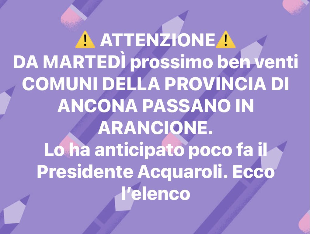 ⚠️ ATTENZIONE⚠️
DA MARTEDÌ ben 20 COMUNI DELLA PROVINCIA DI ANCONA PASSANO IN ARANCIONE.
Lo ha anticipato poco fa il Presidente Acquaroli 
“Per la zona arancione valgono le regole contenute nel DPCM nazionale”