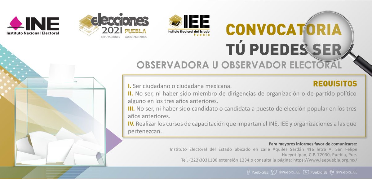 Puebla_IEE's tweet photo. 🔎 Como Observadora u Observador Electoral, puedes vigilar los actos de preparación y desarrollo del Proceso Electoral.

👉🏼 Consulta la convocatoria en: https://t.co/mVWZuVyZMa https://t.co/TVXOCSQbwO