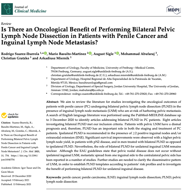 Pushing to understand the best approach. Long way to go, but here's our contribution led by Rodrigo Suarez-Ibarrola on <a href="/JCM_MDPI/">JCM MDPI</a> 🍆🦀

Is There an Oncological Benefit of Performing Bilateral Pelvic LND in Pts w/ #PenileCancer &amp; Inguinal LNM?

mdpi.com/2077-0383/10/4…
