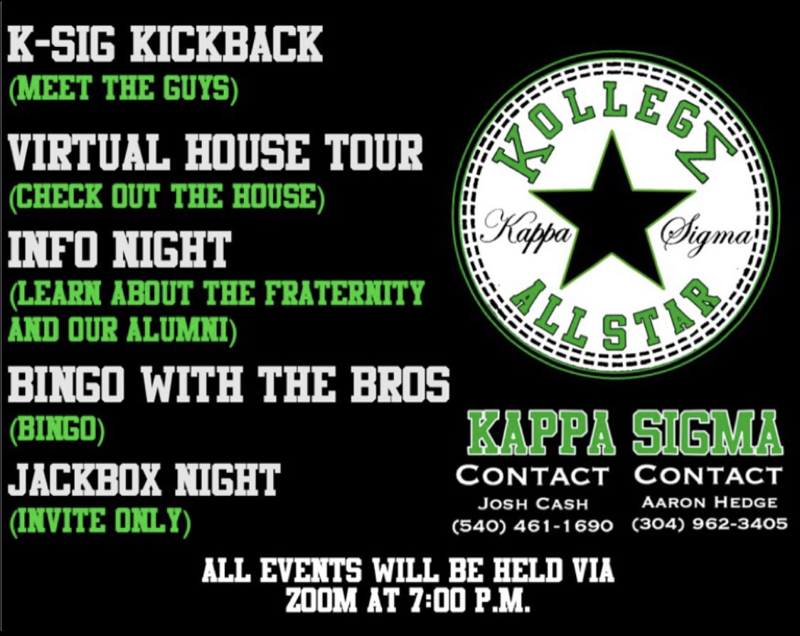 In person rush events are being moved back to March 1st, but why wait until then?  Tune in to our virtual week starting tomorrow!  Daily zoom links will be posted beforehand so keep an eye out.  DM our page or any brother for more information!!!#rushkappasigma #marshalluniversity