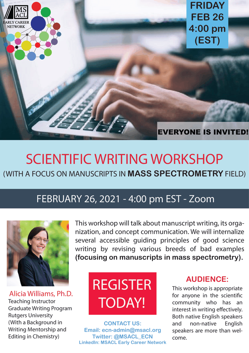 Scientific Writing Workshop with a focus on Manuscripts in the Mass spectrometry area run by Dr. Alicia Williams at @MSACLECN, great for anyone interested in science communication/writing. February 26, 2021 at 4:00pm EST. Register now! msacl-org.zoom.us/meeting/regist…
