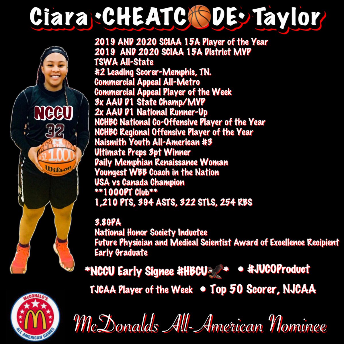 LadyASTaylor's tweet photo. 2nd grade - 6th grade AAU
6th grade - HS Exposure
7th grade - STARTED HS Varsity
9th grade - tore her ACL/no🏀
10th AND 11th grade - POY 
12th grade—graduated early
@NCCUWBB Early Signee
@DyersburgState WBB
@TCCAA_RegionVII - POW
@McDAAG Nominee🍟

#StillHungry! @IAmTheCheatcode https://t.co/r1sYLcYXiQ