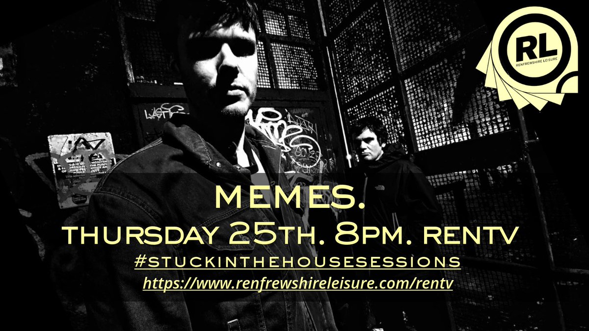 Coming up on Thursday at 8pm...

Our Feb takeover of #StuckInTheSessions continues with it's 4th instalment, a live-set from lauded 'laptop-rock' duo <a href="/memestheband/">MEMES</a>! Recorded late 2020 at <a href="/votnstudio/">Venice Of The North Recording Studio</a> - this exclusive airing won't be one to miss! 

📺WATCH: renfrewshireleisure.com/rentv