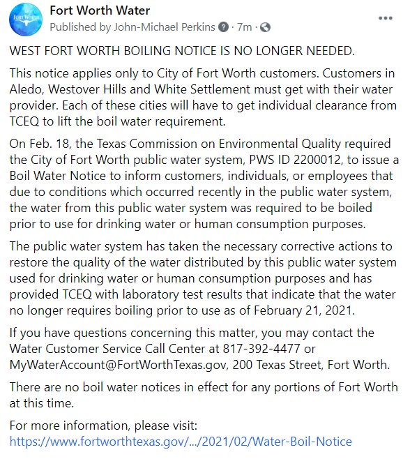 FWWater's tweet photo. WEST FORT WORTH BOILING NOTICE IS NO LONGER NEEDED.

FULL UPDATE HERE: https://t.co/6HZLqVu2rj https://t.co/Vz7sHwDJTk