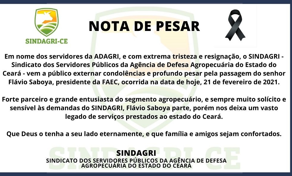 sindagri_ce's tweet photo. A agropecuária cearense está de luto. 
Nossos sentimentos aos familiares e amigos. https://t.co/1PbKcZib7Q