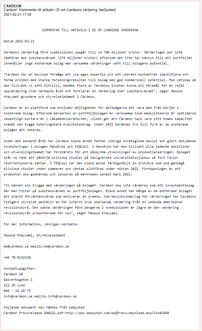 AktiePionjaren's tweet photo. Helt otroligt! @dagensindustri påvisar uppenbara bluff PM i två bolag som finns med i Cardeons portfölj, #SpectraCure där @KhayyamiMasoud är VD samt #Lumito där han är Styrelseordförande. Och det enda han har att komma med är försök att försvara Cardeons värdering! #Finanstwitter https://t.co/gl514wSKwE