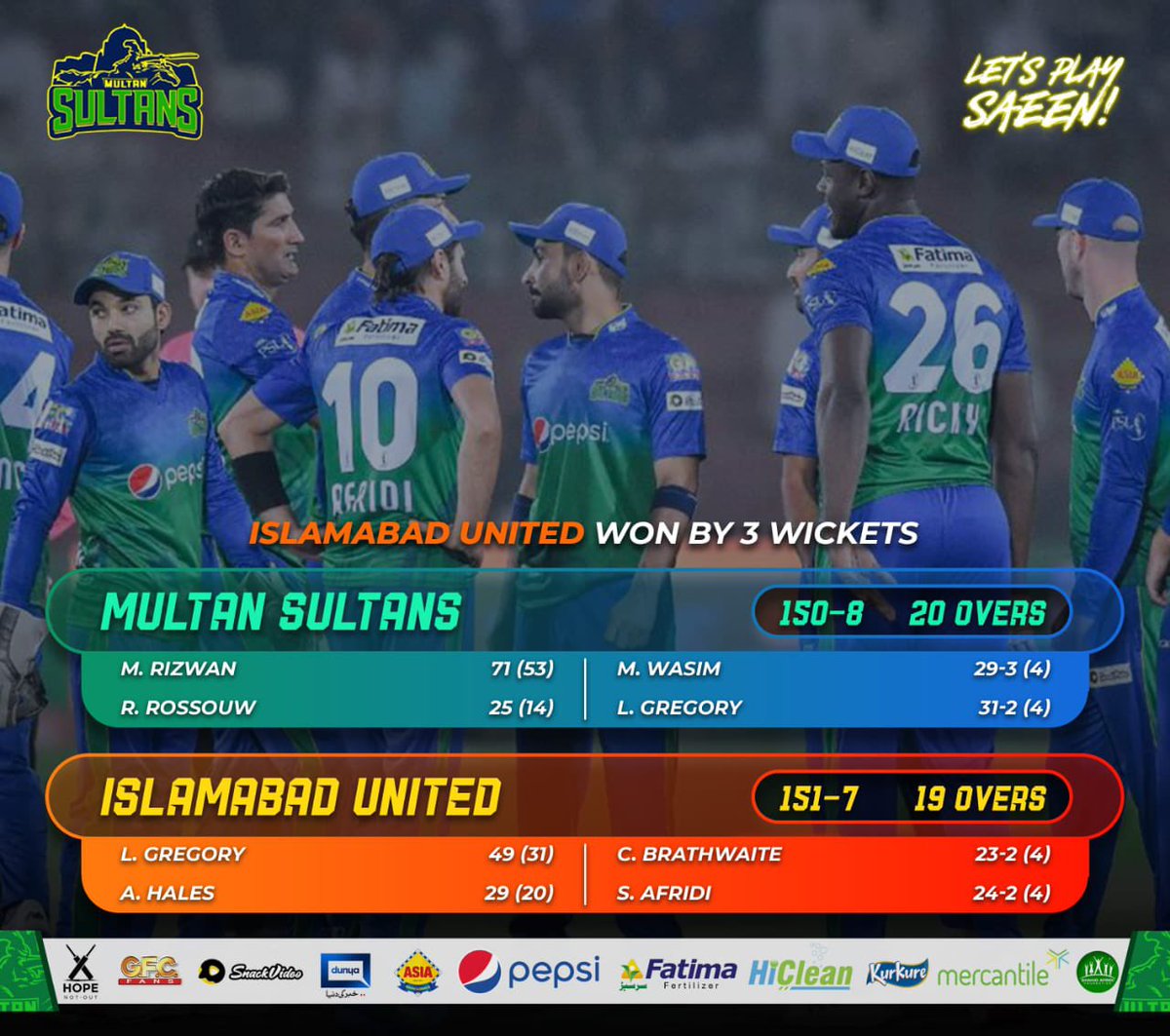 MultanSultans's tweet photo. Islamabad United win by 3 wickets. Thats the result, but the match was a whole different ball-game. 

#IUvMS #SultanAaGayya https://t.co/hBUZl8C6pD