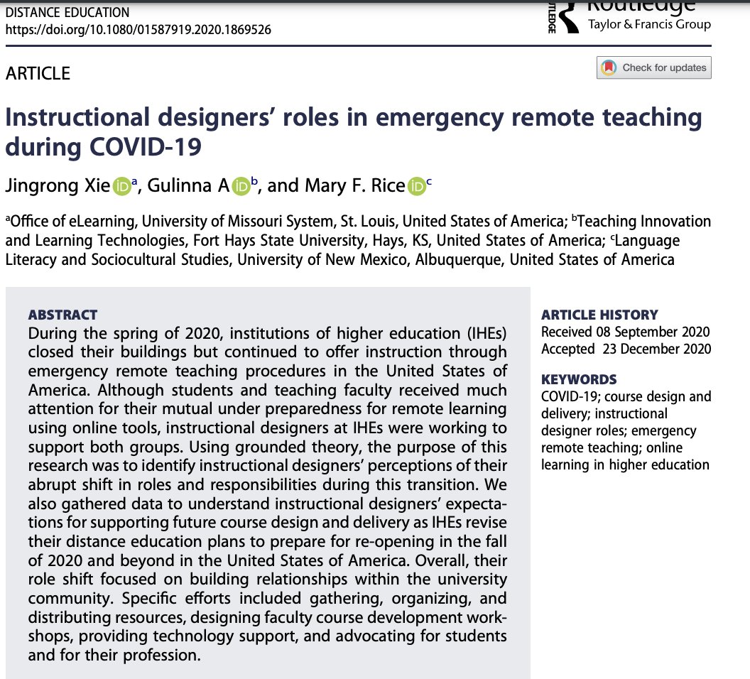 Researchers examined ID's roles in #HigherEducation during COVID-19 + found a greater emphasis on bldg relationships, skills that are challenging to teach in #edtech #educationaltechnology #InstructionalDesign #learningsciences programs, see: bit.ly/3uhDnud