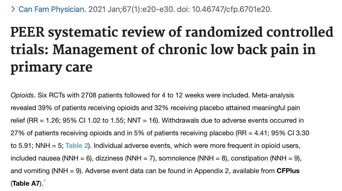 CGMMaher's tweet photo. Opioids for LBP: It takes a very large marketing budget to turn a treatment with an NNT of 16 and NNH of 5 into a blockbuster. @msk_health https://t.co/FWZKth0smB