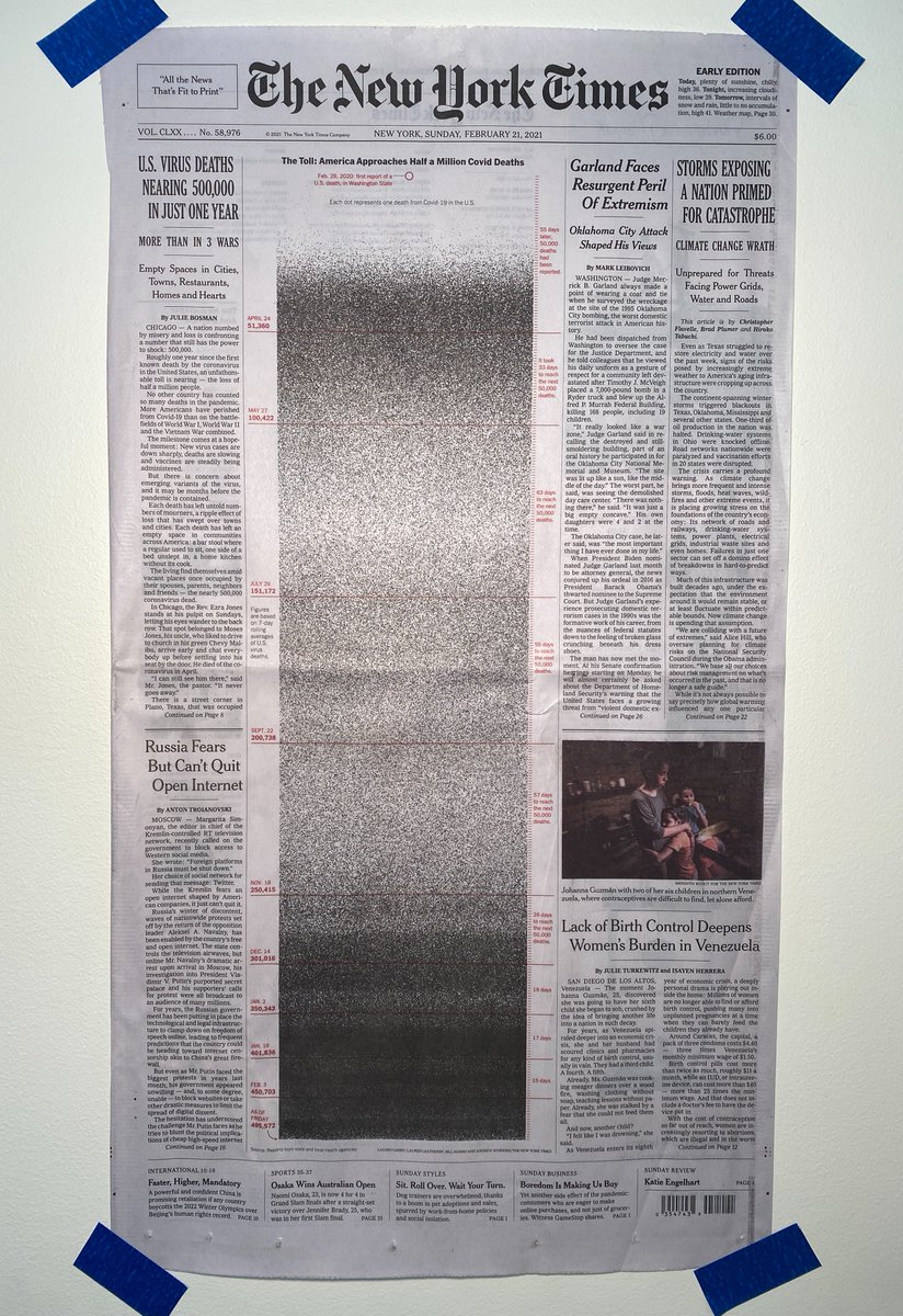 I just taped the NYT front page to my wall.
Some of 500,000 dots represent my patients who died during this pandemic. https://t.co/3LPixq9mRs