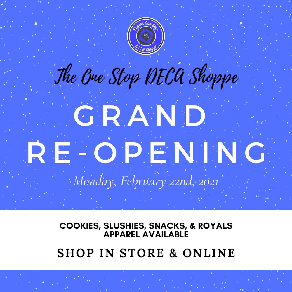 ✨WE’RE RE-OPENING✨ Starting Monday, shop Royals apparel online or stop by The One Stop DECA Shoppe during school lunches for snacks and refreshments 🍪🔷 …e-stop-deca-shoppe-102087.square.site