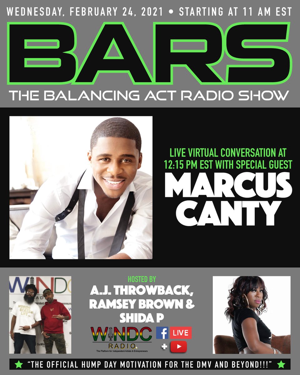 BARSOnAir's tweet photo. Please tune in this week to #BARS #HomeGameEdition w/ @AJThrowback x @PHAR110 x special guest host @Shidapope x special guest Marcus Canty only on @WINDCRadio powered by @GoWinMedia π₯π₯π₯π₯π₯!!! #TeamBARSβ€οΈπ§‘ππ #HumpDayMotivation #DMV #actors #model #radiohost #singer https://t.co/l0gMm4KNQM