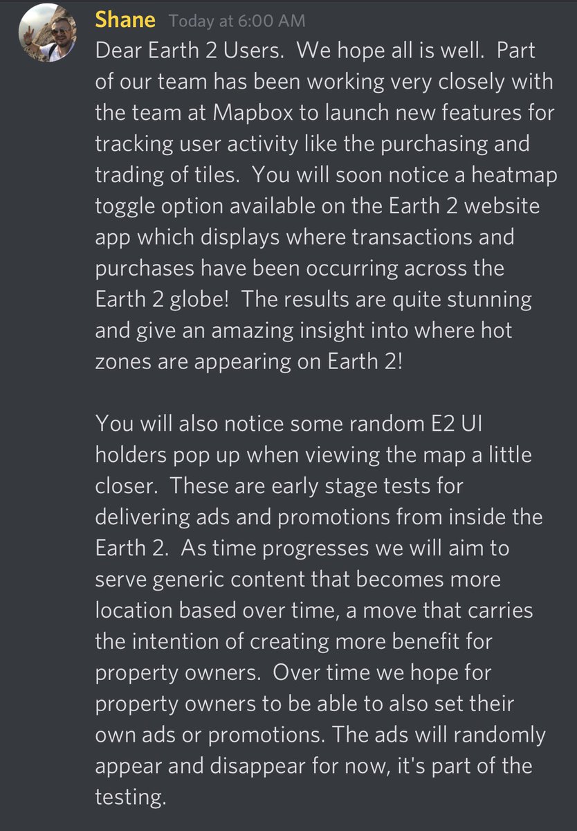 earth2io_'s tweet photo. 🚨UPDATE🚨 #Earth2 creator Shane, posted in the #Discord announcements. 

- Heat map for bought and sold tiles
- Pilot project testing ads / promotion
- Withdrawals getting better

ODC9L9OC48 for 5% https://t.co/PIBwG3l3lR