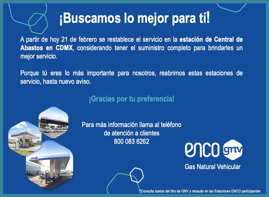📣 ¡Atención familia ENCO! 😃🙌 se reestablece el servicio en la estación:  

📍 Central de Abastos (CDMX) 

Después de días complicados hemos logrado poner en operación todas nuestras estaciones a nivel nacional.

#gasnaturalvehicular #encognv