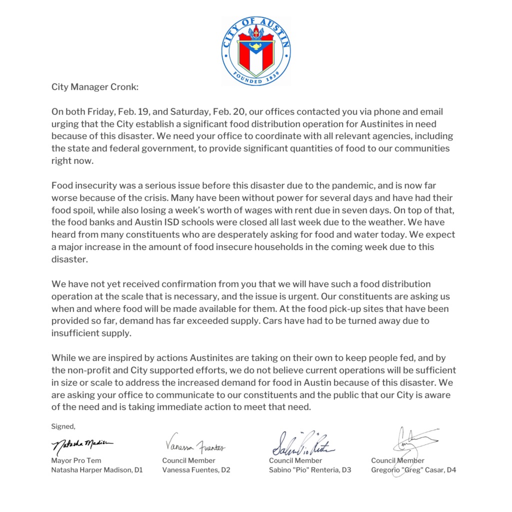 We're doing what we can at the Millennium, but frankly it's just not enough. That's why I joined @VanessaForATX, @CM_Renteria and @GregCasar to demand that @AustinCityMgr deploy a citywide food operation immediately. Our people are going hungry and we refuse to accept it.