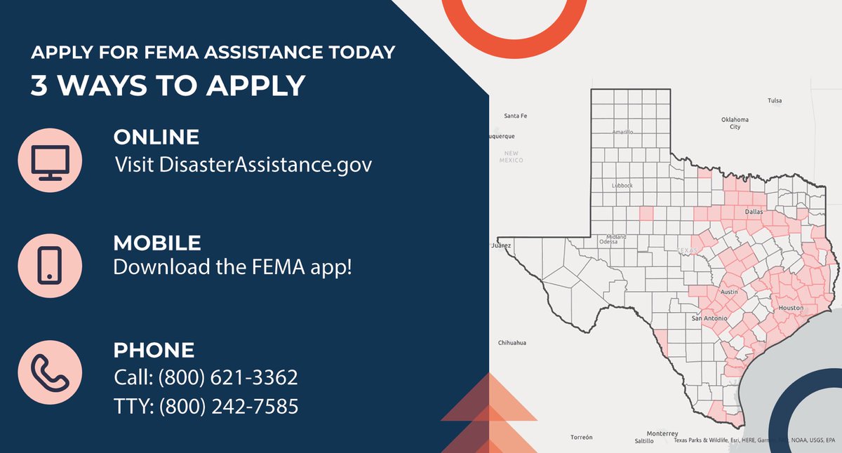 TDEM's tweet photo. If you are in one of the 77 Texas counties declared a disaster by @POTUS, you can register for @FEMA Assistance in a variety of ways:

🖥 https://t.co/EfZ4X0Khhn 

📲 Download the @FEMA App

📞 Call 1-800-621-3362

#TexasWinterStorm2021 https://t.co/cqjNnpV6VG