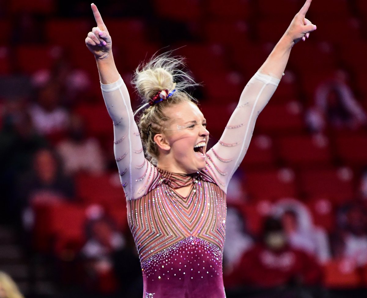 OU_WGymnastics's tweet photo. That face when you remember we’re back at home for the first time in a month this week! https://t.co/QZVVnQWZLi