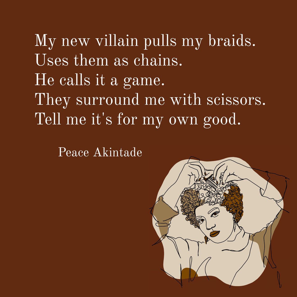 MBBHbook's tweet photo. “My new villain pulls my braids / Uses them as chains / He calls it a game / They surround me with scissors / Tell me it’s for my own good” https://t.co/WgWQxg4Tle