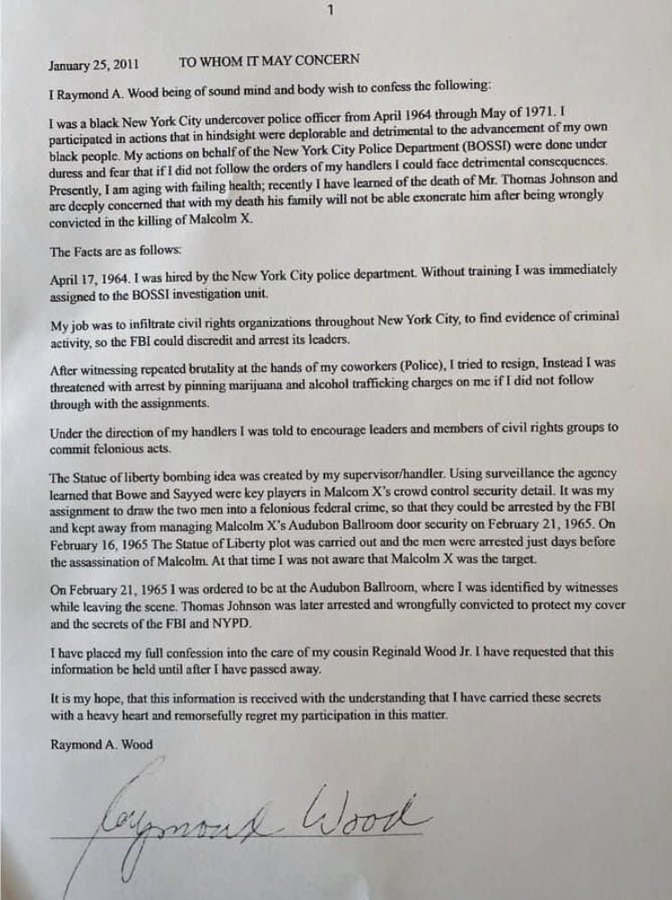 harikunzru's tweet image. It’s the anniversary of Malcolm X’s assassination. This is the deathbed confession that former NYPD undercover Ray Wood passed to the family, now made public