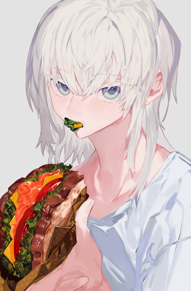 food solo white hair eating holding simple background shirt  illustration images