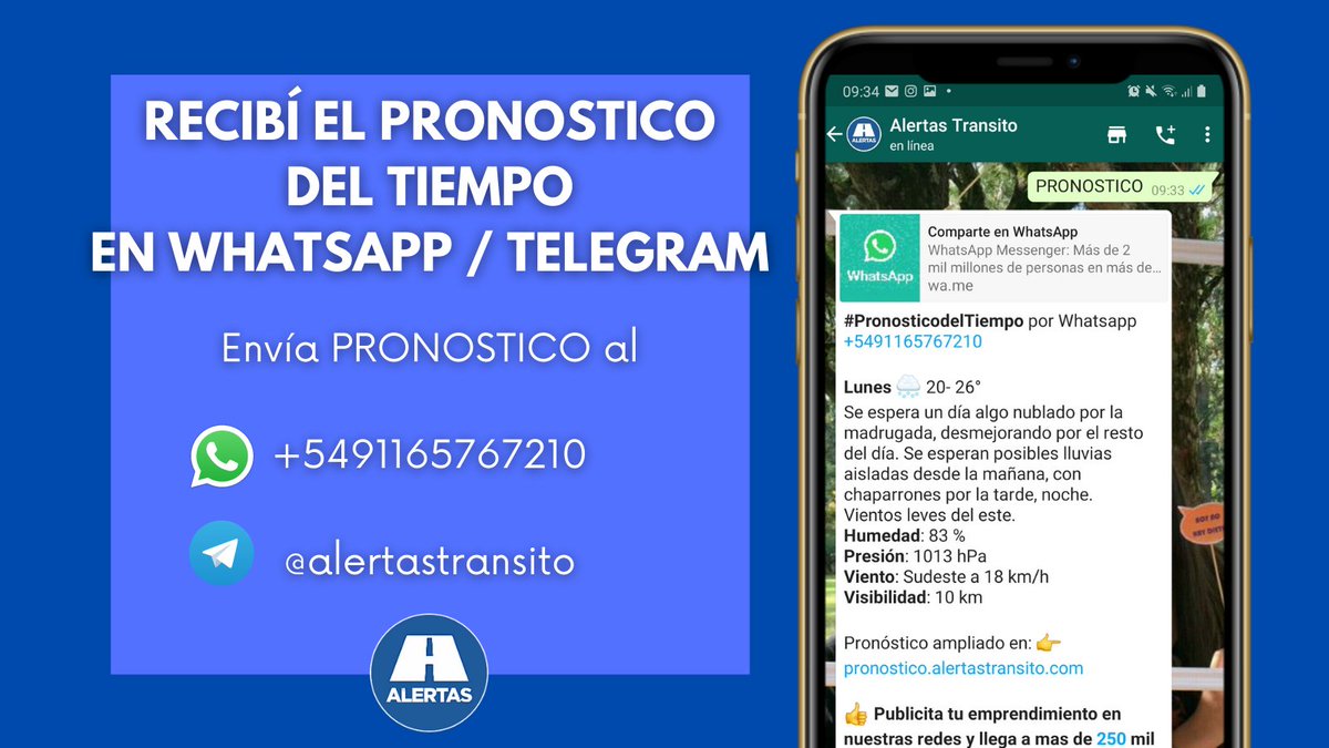 AlertasTransito's tweet photo. ☀️ Recibí todas los días el #PronosticodelTiempo en tu Whatsapp!
📲 Suscribite gratis!
AGENDANOS y envía PRONOSTICO al +5491165767210 o dale clic acá! https://t.co/V9Ov2w6rlj
#AlertasPorWhatsapp #AlertasTransito https://t.co/594TR0TI1o