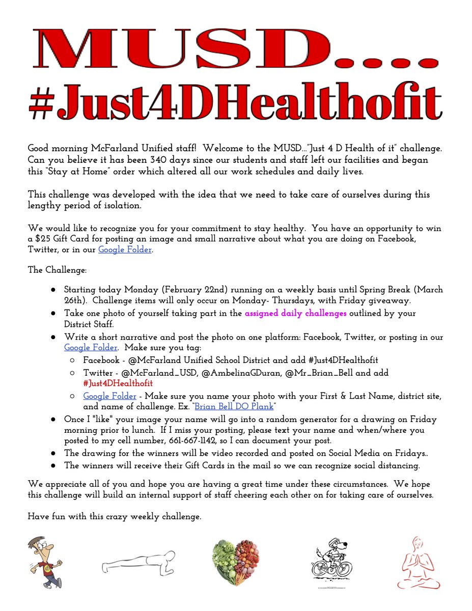 Happy Sunday MUSD!  Here is our new Spring Challenge starting tomorrow.  Look for details in your email regarding rules and video of assigned daily challenge for Monday.  Have fun with this challenge.  <a href="/McFarland_USD/">McFarland Unified SD</a>
<a href="/AmbelinaGDuran/">Ambelina GarciaDuran</a>
#Just4DHealthofit