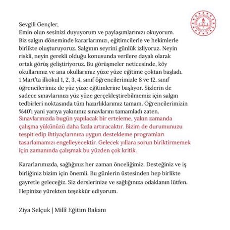 skaygusuz's tweet photo. Sevgili Öğrencilerimiz,
Sesinizi yüreğimizde hissediyoruz. Sizlerin sağlıklı bir ortamda eğitim almanız için her türlü tedbiri aldık. Desteğinizle bu süreci sağlıklı bir şekilde atlatacağımıza inanıyoruz. https://t.co/o3HPNonVwr