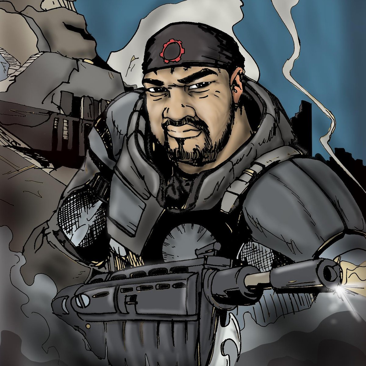 CrowFeatherStu1's tweet photo. Customer requested to be drawn as a character from Gears of War. Some tweaks at his request. #gearsofwar #commission #art #gamerart #customartwork #ComicArt https://t.co/wraNIuULvC