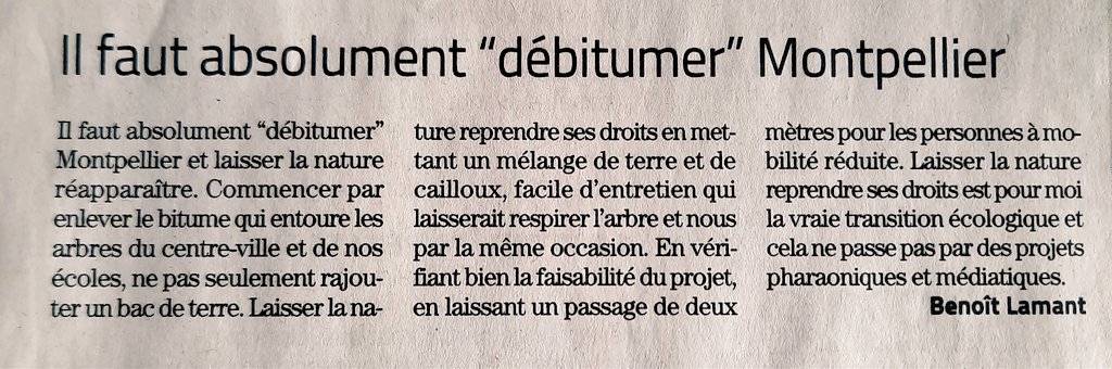 lamantbenoit34's tweet photo. "Debitumer"
Laisser la nature reprendre ses droits
la vraie #transition #écologique ne passe pas par des projets pharaoniques
#Montpellier j 'y crois !!!
#monconstat
Hier @MLMontpellier "tribune libre" https://t.co/KasC5lapea