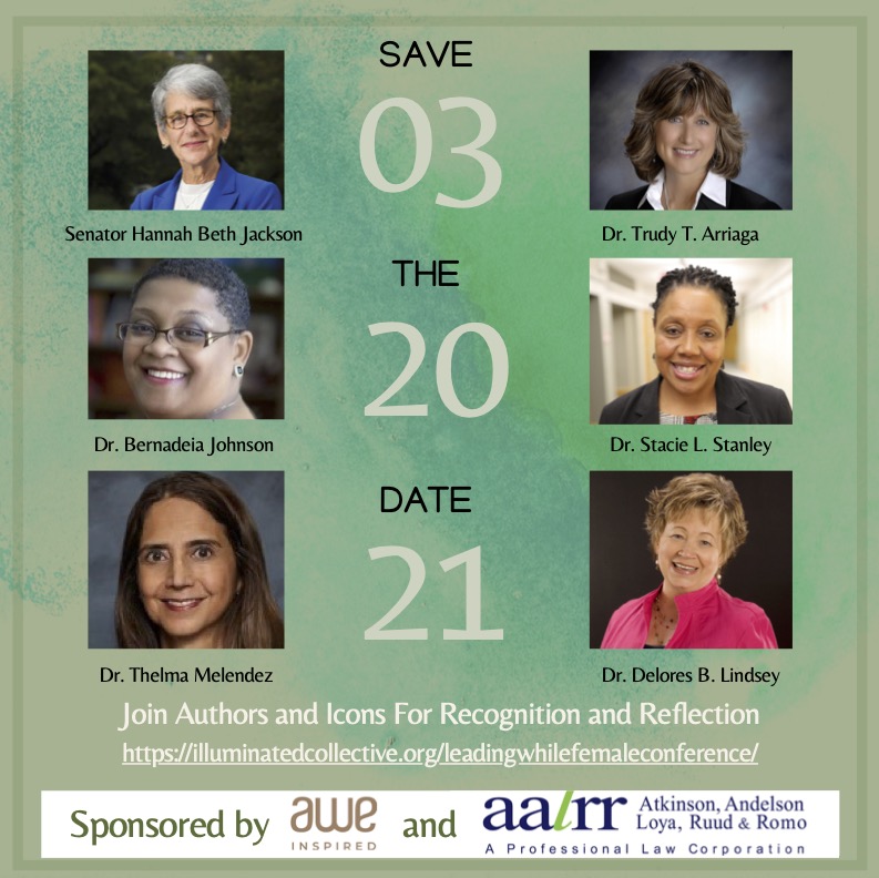 What will <a href="/DrDBL/">Delores Lindsey</a> <a href="/DrStacieStanley/">STACIE STANLEY, EdD</a>  Dr.Trudy Arriaga, Dr. Bernadeia Johnson, Dr. Thelma Melendez and Senator Hannah Beth Jackson say about #leadingwhilefemale on March 20th? illuminatedcollective.org/leadingwhilefe… @SoCalPDF <a href="/DrRenaeBryant/">Dr. Renae Bryant</a> <a href="/AASAHQ/">AASA</a> <a href="/MsLaToshaBrown/">LaTosha Brown</a>