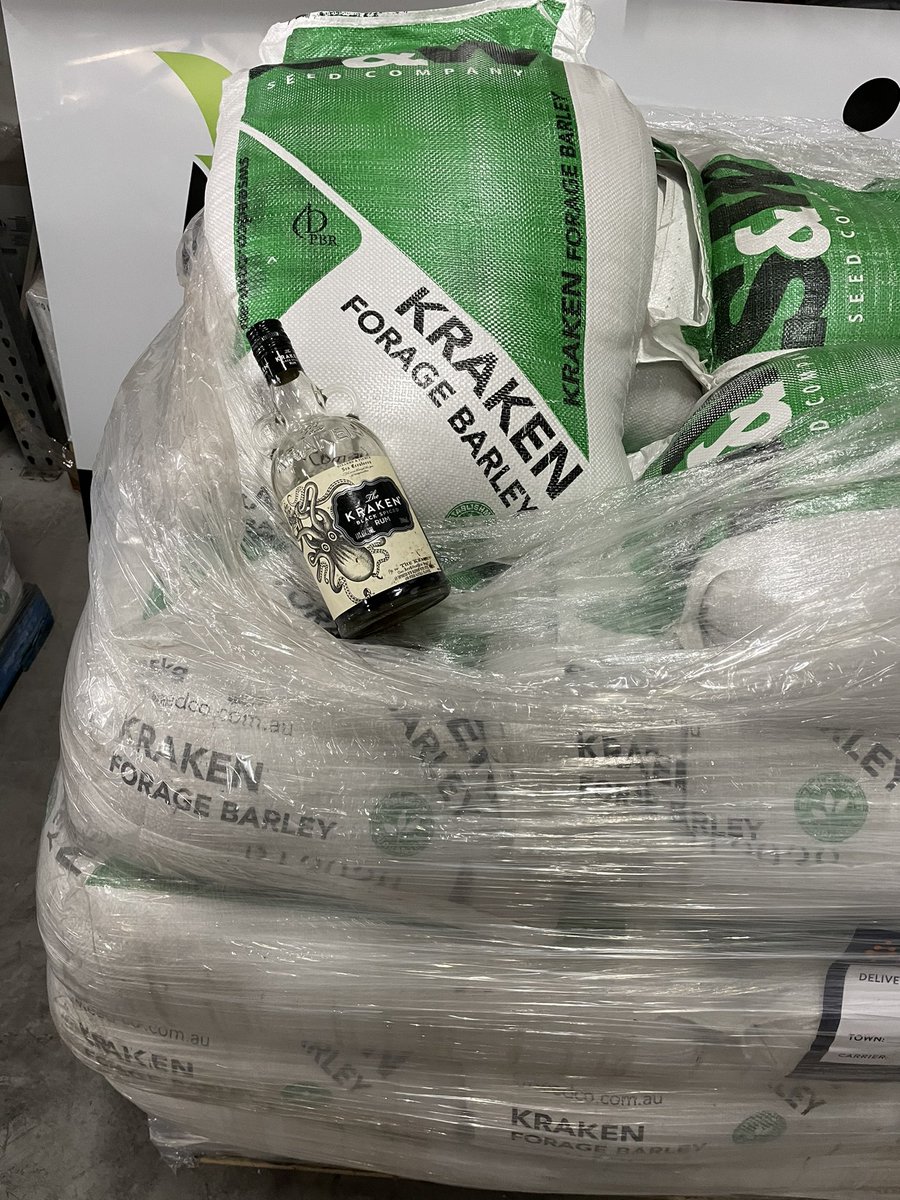 Seed turning up ready to go on farm! Couple of my favourite things share the same name. Hopefully the sheep like Kracken as much as I do 🐑 🌾 <a href="/RehnFreebairn/">Rehn Freebairn</a> <a href="/swseedcompanyau/">S&W Seed Company Australia</a>