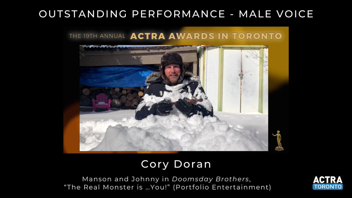 ACTRAToronto's tweet photo. Congratulations to Cory Doran (@FaQtoid), winner of Outstanding Performance – Male Voice as Manson and Johnny in Doomsday Brothers, “The Real Monster is …You!” (Portfolio Entertainment)! #ACTRAAwards https://t.co/jBjLOwEsQz