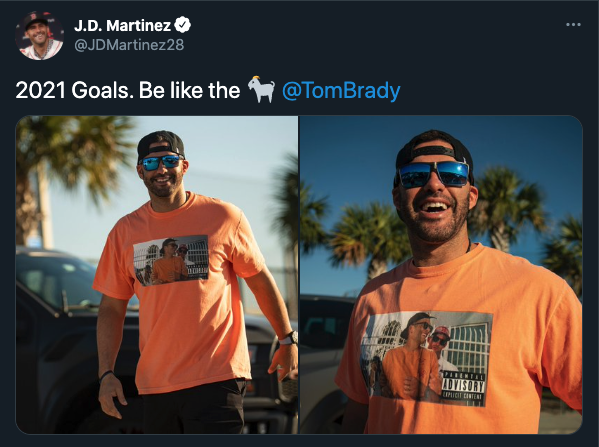BleacherReport's tweet photo. Red Sox OF J. D. Martinez with his custom Brady shirt 😂 @brgridiron

(via @JDMartinez28) https://t.co/Q9V4AGRxHm