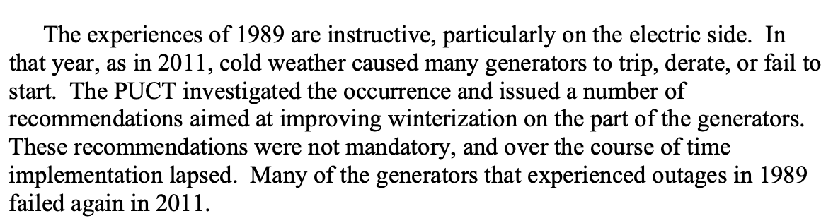 crampell's tweet photo. 2011 FERC report with recommendations for Texas to winterize its energy system -- recommendations that were ignored -- also noted that similar recommendations had been made back in 1989, and ignored then too https://t.co/Zru7LqTQLG https://t.co/AxZCuxYJoB