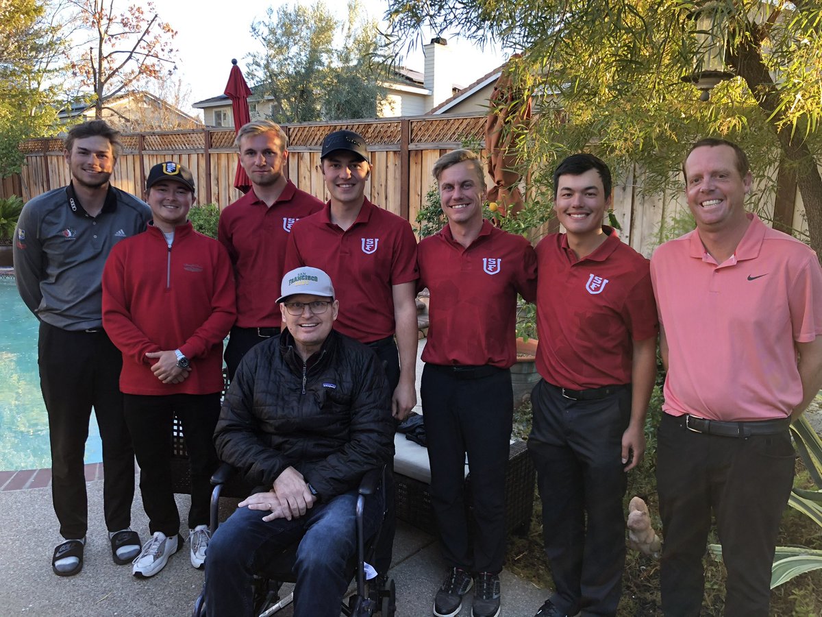 USFDonsMensGolf's tweet photo. We had a great day hanging out with one of our biggest supporters. @dabaumncali is fighting ALS with all he has! We will wear red throughout the year to show Sean we have him on our backs and in our hearts! #lifebiggerthangolf #keepfighting https://t.co/1QiYldueeK