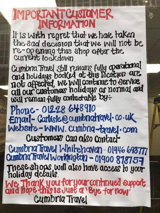 In yet another blow for #Carlisle city centre, Fisher Street's Cumbria Travel will not re-open after lockdown.

They will continue to trade online, and from their premises in #Whitehaven and #Workington.