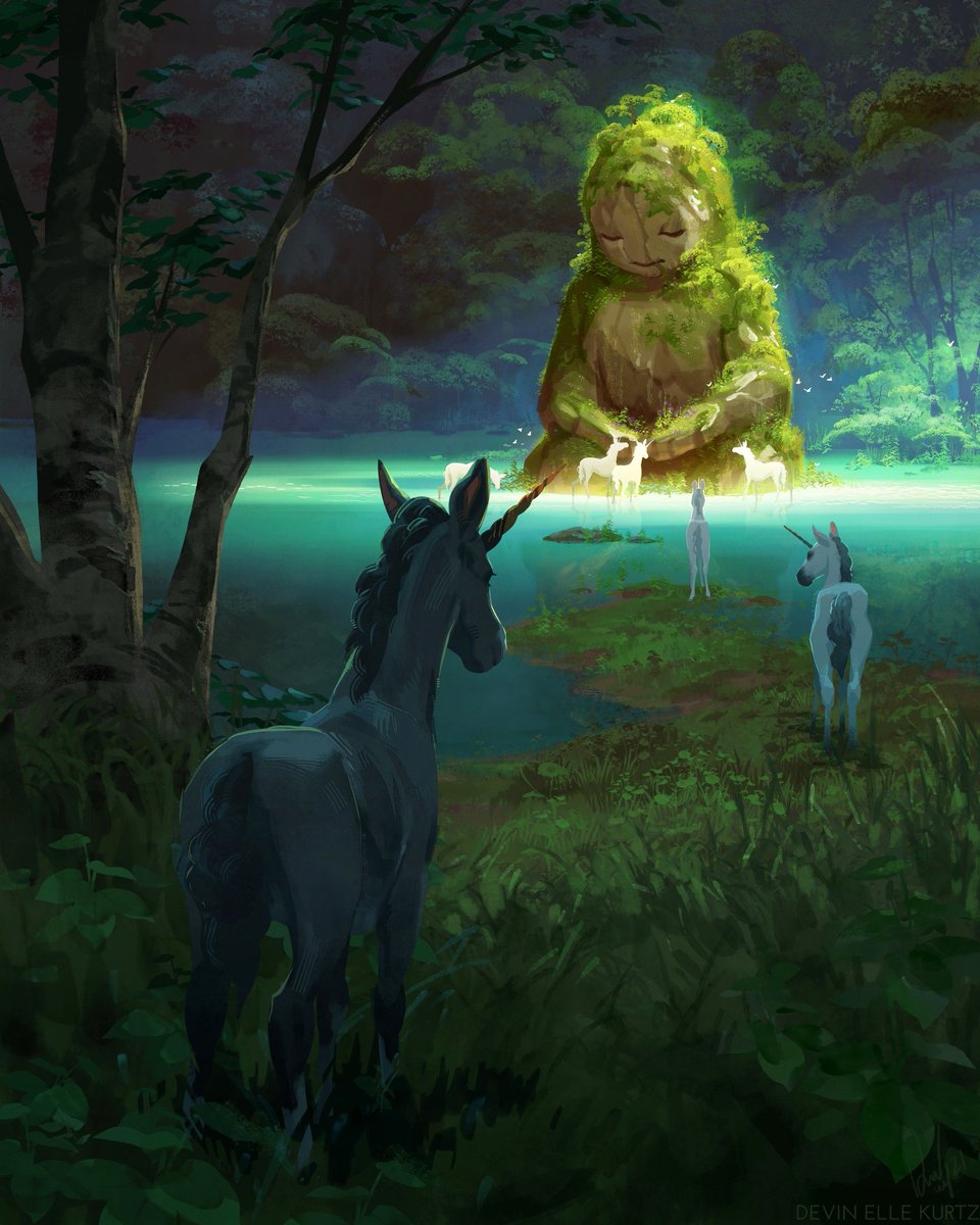 Black, gray, and white unicorns come to visit a sleeping rock giant. The Giant sleeps in a seated position, inside a cerulean lake in a forest clearing. Sunlight illuminates the plants growing all over the Giant. The Giant looks friendly and peaceful.