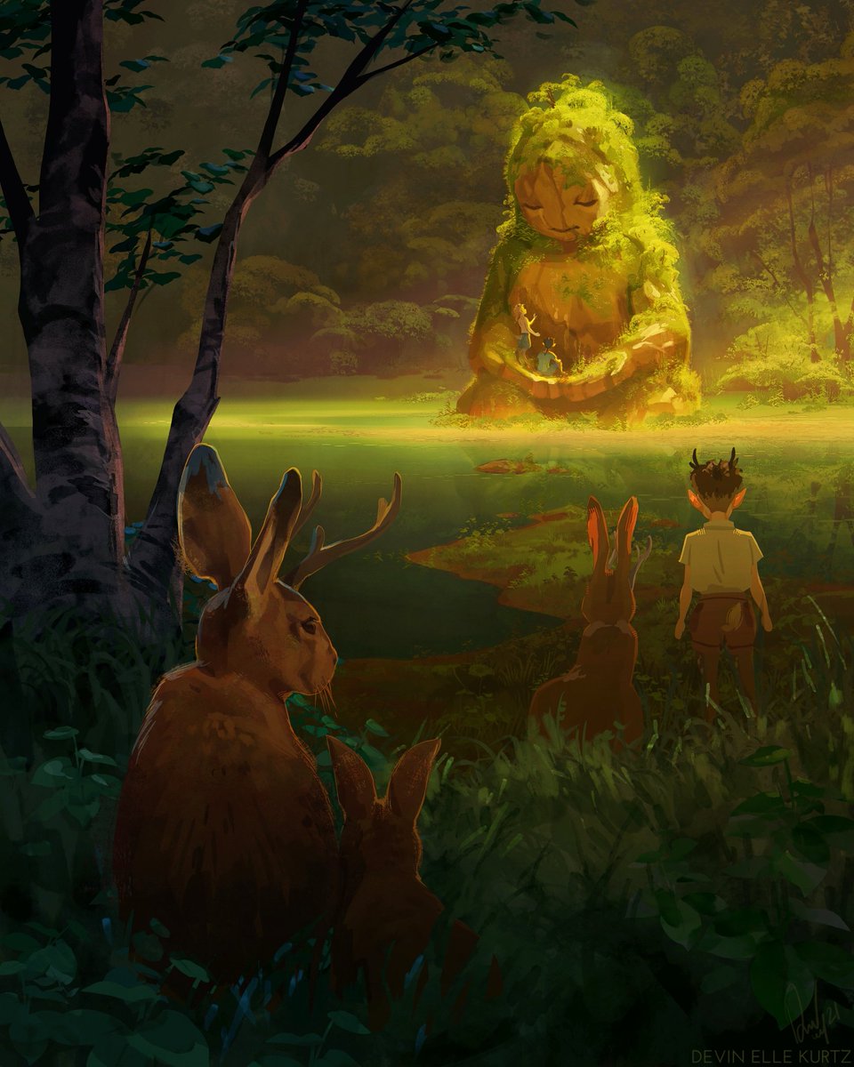 This time it's sunset and faun children come to visit the Giant with jackalopes. The light is golden.