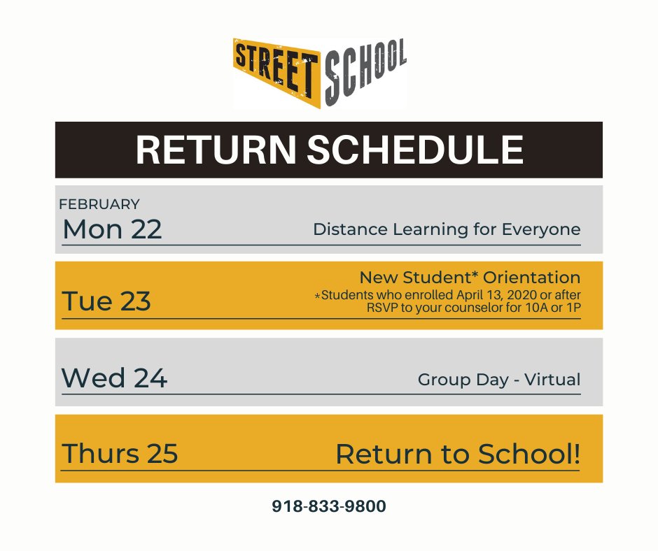 We are returning to school this week with big changes! Here is the schedule showing how we will transition from distance learning to in-person learning.  Let's finish the school year strong!

#SuccessTPS #Educate918 #StreetSchoolTulsa #AltEd #ReturnToLearn #ByeCOVID19