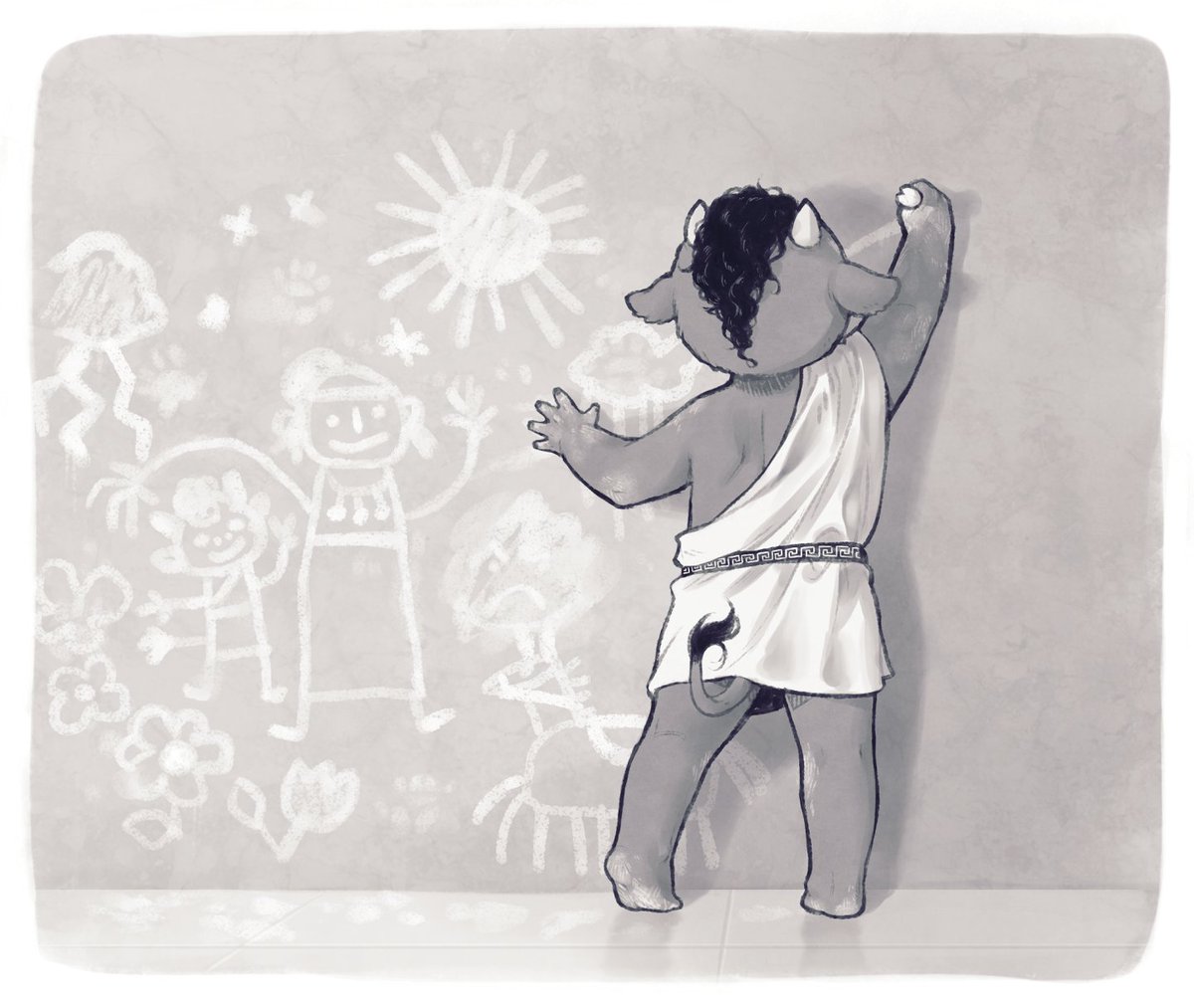 theslowesthnery's tweet image. the wretched abomination known as the minotaur has discovered some chalk

(sorry i can&apos;t stop thinking about little baby asterius)