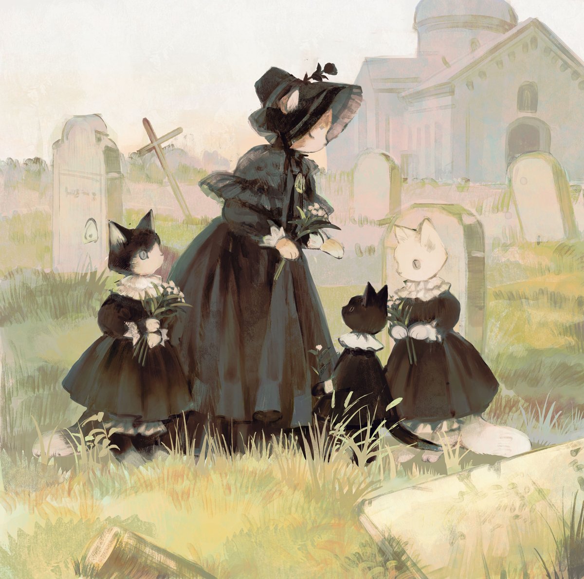 dress cat hat grass black dress holding tombstone  illustration images