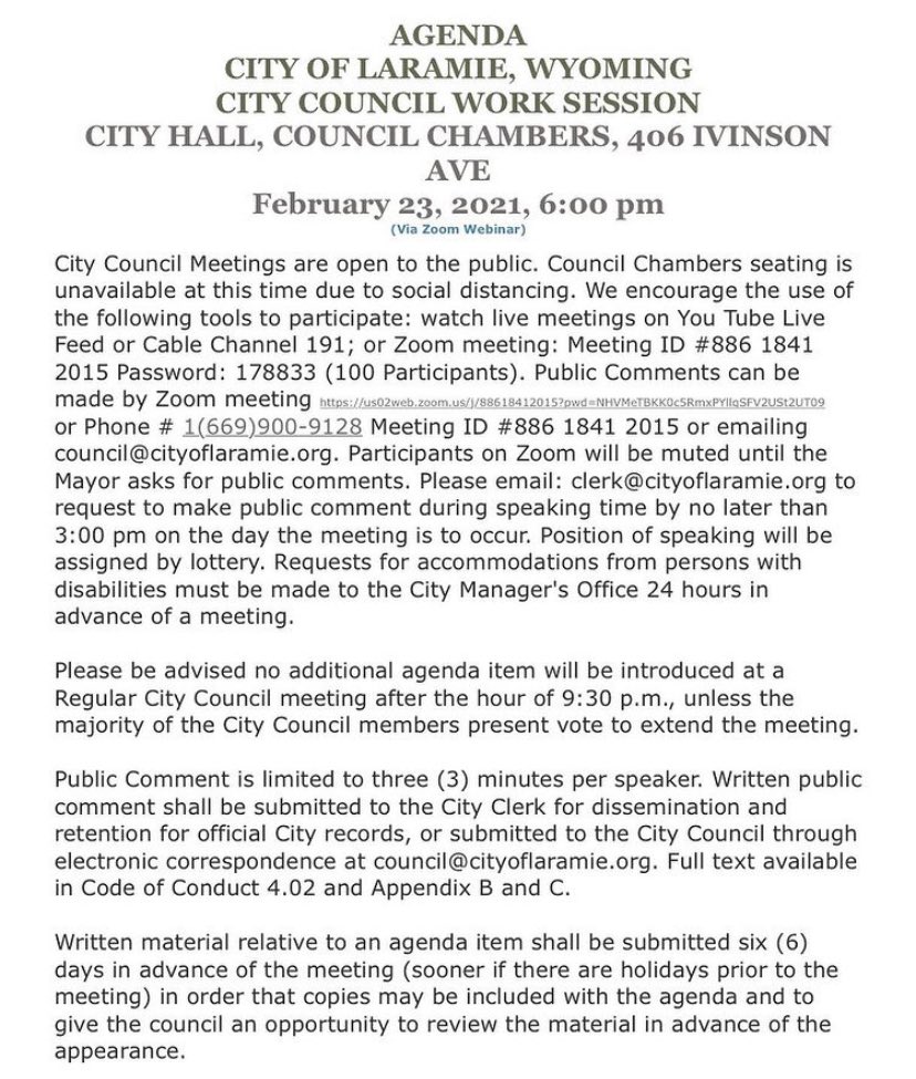 laramiehumans's tweet photo. TUNE IN THIS TUESDAY 
for a City Council work session regarding the police oversight resolution that was passed in June. Research on a civilian oversight board and its potential form will be presented, and the importance of your public input is immeasurable. https://t.co/x56caoAvyN