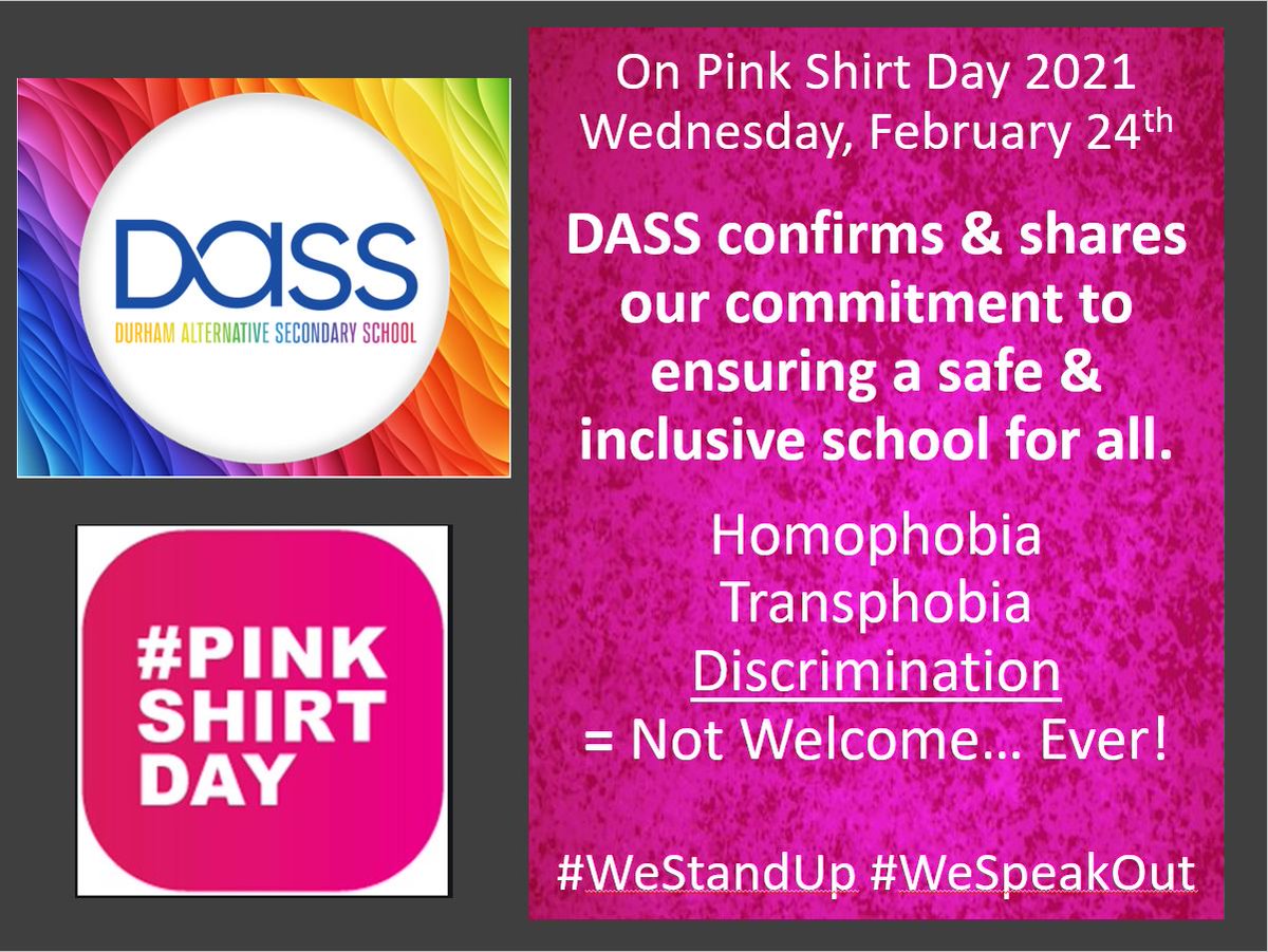 DurhamAltSS's tweet photo. Tomorrow is PinkShirtDay, a visual, united message of conviction born of the co-conspirator actions of Nova Scotia's DavidShepherd &amp; TravisPrice when they publicly showed support for a peer who endured homophobic harassment. At DASS we stand up &amp; speak up against dehumanization. https://t.co/GrbYgvifl6