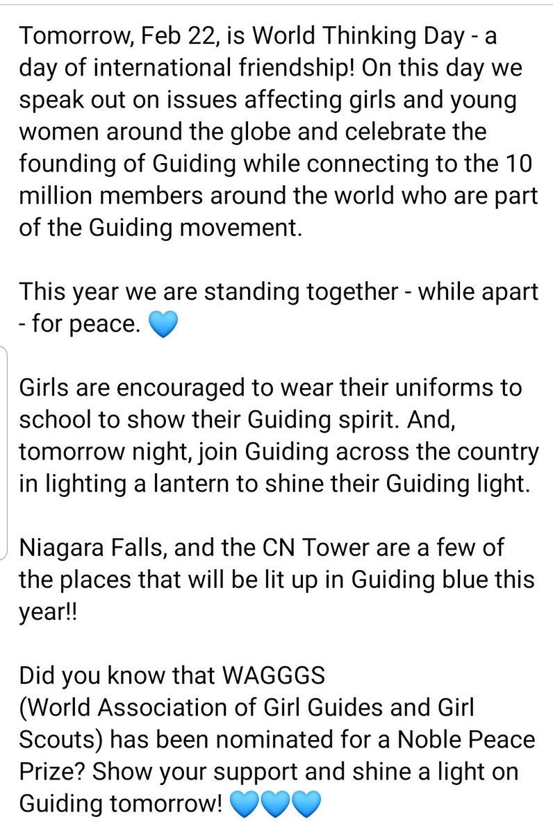 200thMissGuides's tweet photo. World Thinking Day tomorrow!! All girls are encouraged to wear their uniforms to school to share their Guiding light. #wtd2021 #shineaguidinglight @girlguidesofcan @girlguidesonnv #Community16 https://t.co/GCp2fb25I1