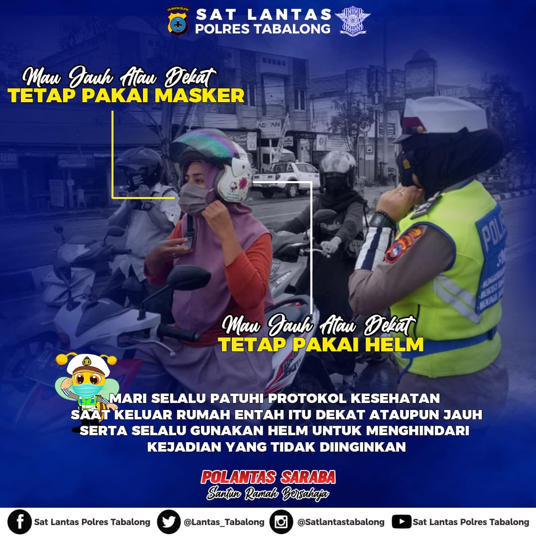 lantas_tabalong's tweet photo. Selamat pagi warga Tabalong, kami Satlantas Polres Tabalong Tak bosan mengingatkan untuk selalu pakai Masker dan Jangan lupa selalu gunakan helm saat berkendara roda dua ya... https://t.co/eXRxBWighg